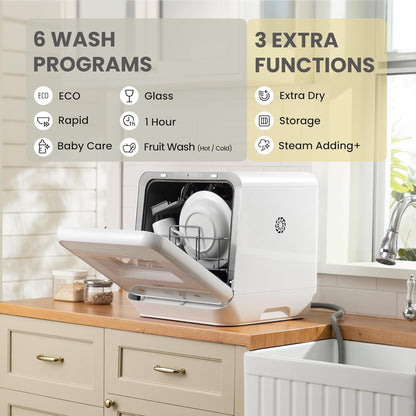 COMFEE’ Mini Table Top Dishwasher – 6+3 Programs, Steam Wash, Baby Care & Fruit Wash, Portable, No Plumbing