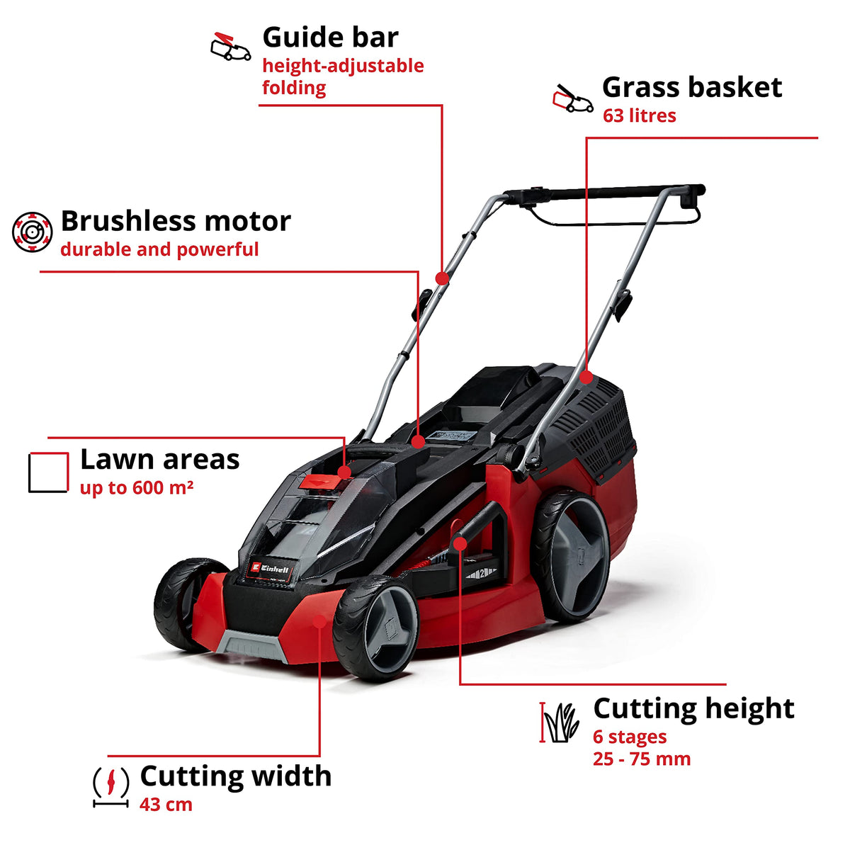 36V Cordless Brushless Lawn Mower, 43cm Cutting Width, 2×4Ah Batteries, 2 Fast Chargers, 63L Grass Bag